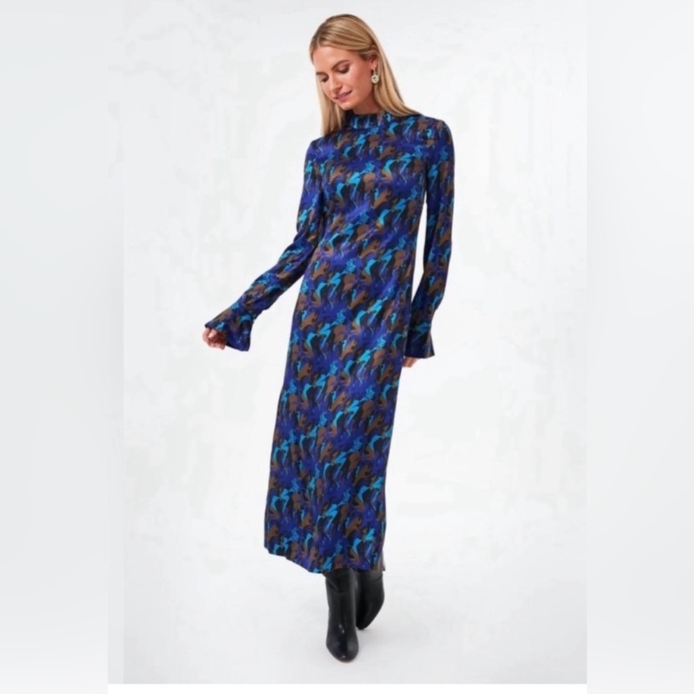 STAUD Sapphire Sirens Thicket Satin Long-Sleeve Midi Dress